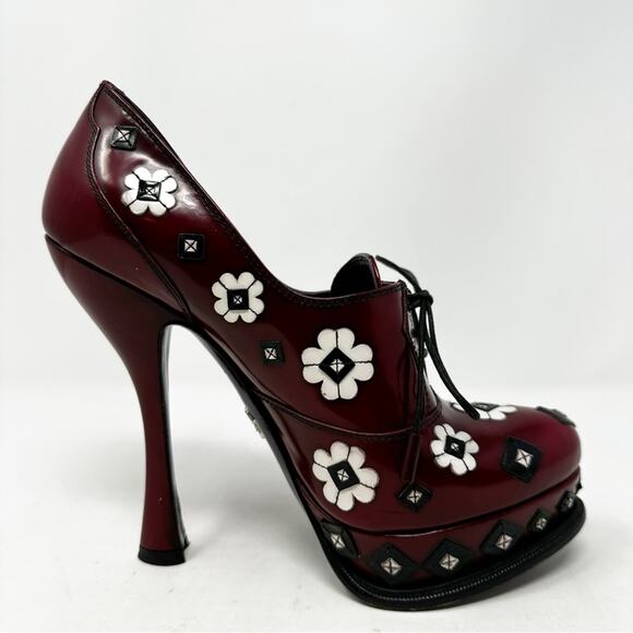 Prada Spazzolato Floral Studded Platform Lace Up Heels Womens Size EU 37.5 - Picture 8 of 13